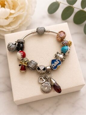 Pandora Sterling Silver Multi-Charm Bracelet with Red, Blue & Turquoise Accents